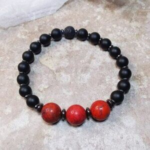 Punk? Grunge? Goth? Vampire? Black + Red Gray + Beaded Stone Bracelet